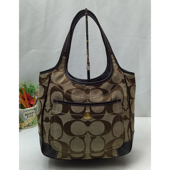 Coach Chelsea Signature Brown Canvas Leather Trim Double Handles Shoulder Bag - Picture 1 of 16